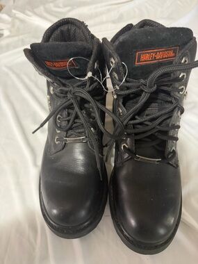 Harley-Davidson Black Leather Lace-Up Riding Boots with Orange Logo